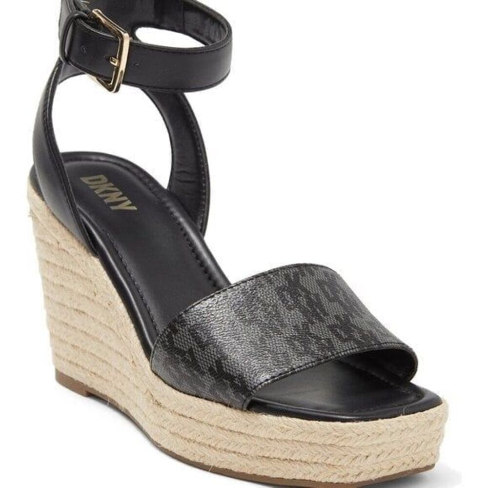 DKNY Sigmature Logo Platform Sandal Calima Ankle Strap Espadrille Size 6.5 $89